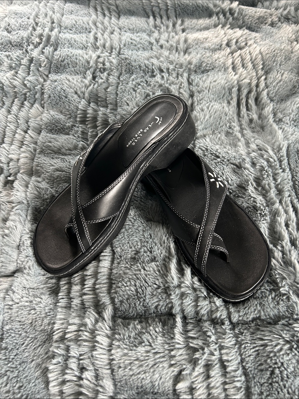 BareTraps Black Crisscross Wedge Flip Flops with White Stitching